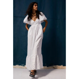 En Saison Barnette Maxi Dress Eyelet Lace Flutter Sundress Cottage Boho White S